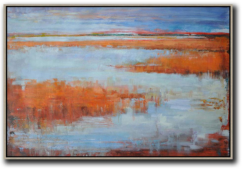 Oversized Canvas Art On Canvas,Horizontal Abstract Landscape Oil Painting On Canvas,Modern Paintings Blue,Orange,Purple Grey,Red